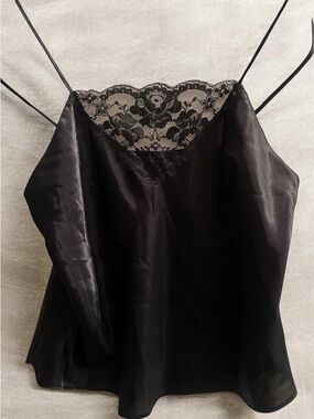 Black Satin Camisole Top Coquette Lace Panel 90’s Sz M Whimsigoth Vintage Y2k